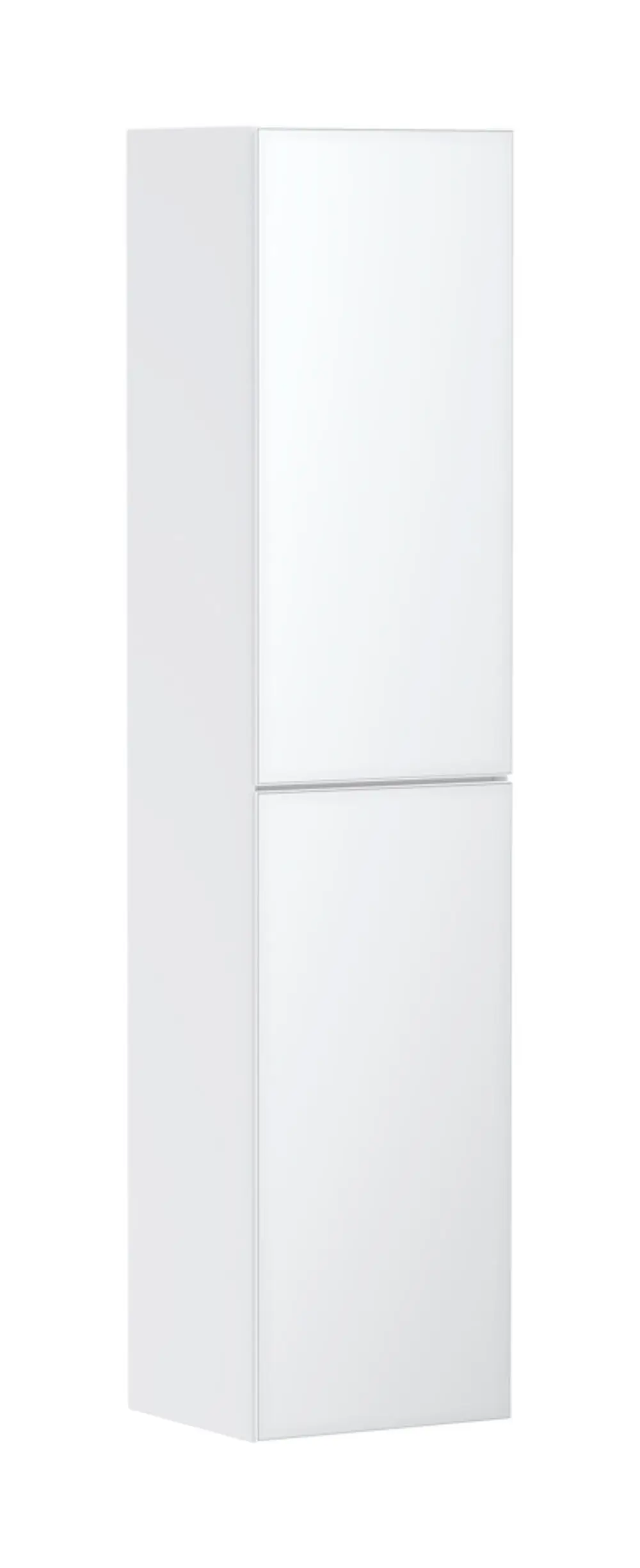 Hochschrank in Mattweiß mit zwei Türen, der auf der linken Seite geöffnet wird. Der Schrank ist in einem modernen Raum platziert und von der Marke Hansgrohe.